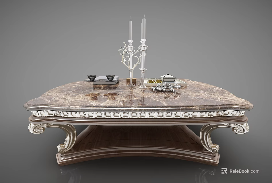 Ornate Coffee Table With Marble Top Carved Legs And Decorative Candle Holder 3d model 