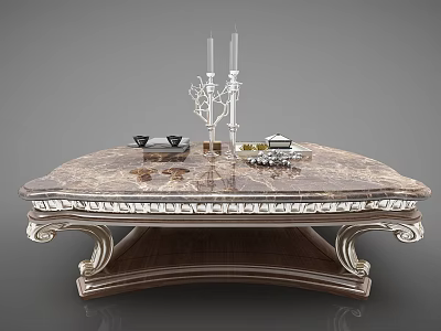 Ornate Coffee Table With Marble Top Carved Legs And Decorative Candle Holder 3d model