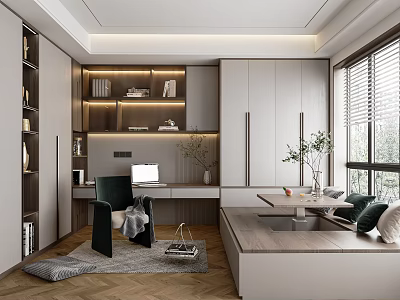 Modern Tatami Bedroom Interior Design With Writing Desk Built in Bookshelves And Decorative Pillows 3d model