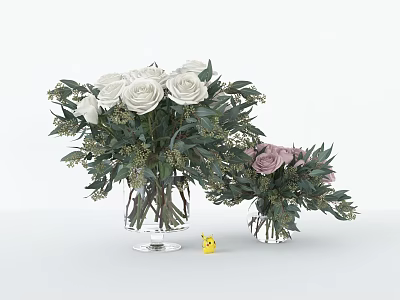 Glass Vases With White And Pink Roses Green Leaves And Decorative Duck 3d model