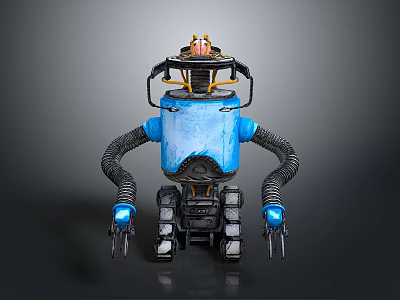 Blue Mechanical Robot With Black Arms Orange Head Device And Tracked Base 3d model