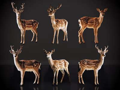 Group Of Six Brown White Spotted Deer With Antlers Standing On Black Background 3d model