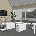 Modern Office Desk Setup With Office Chair Potted Plant Storage Cabinet And Whiteboard
