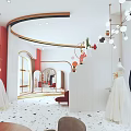 Elegant Wedding Dress Store Interior With Displayed Gowns Chandelier And Comfortable Seating