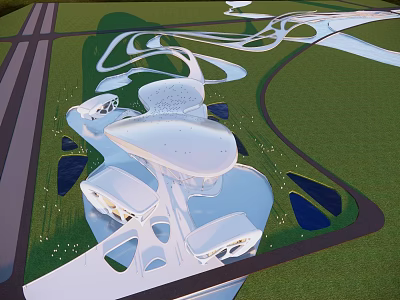 Contemporary Curved Architecture Aerial View Featuring Green Landscape Roadways And Water Features 3d model