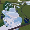 Contemporary Curved Architecture Aerial View Featuring Green Landscape Roadways And Water Features