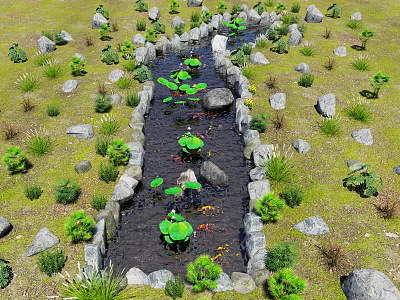 Tranquil Waterside Landscape With Stone Lined Stream Lotus Leaves And Lush Greenery 3d model