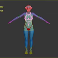 Blue Skinned Fantasy Character As Mythical Creature With Ornamental Outfit Green Shoes And Arm Decorations