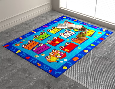 Colorful Blue Square Rug With Cartoon Numbers Letters For Kids Room Floor 3d model