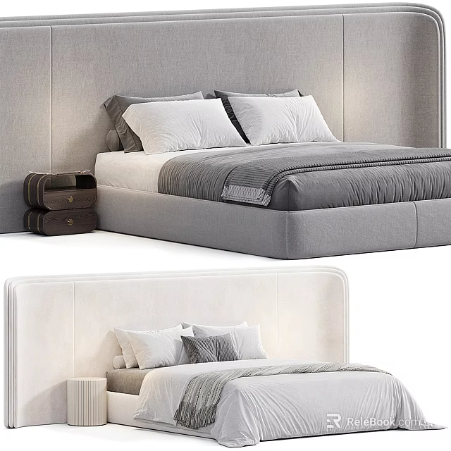 Modern Double Bed Design With Upholstered Headboard Gray White Bedding And Nightstand 3d model 