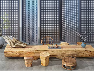 New Chinese-style Root Carving Tea Sea Root Carving Wood Pier Tree Sump Pottery Pot Tea Sea Tea Table and Chair 3d model