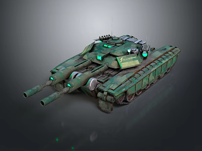Advanced Military Tank Weapon With Dual Cannons Green Camouflage Modern Design And Green Lights 3d model