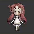 Cute 3D Cartoon Character With Pink Twin Tails Red Eyes White Dress Purple Green Trim