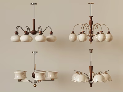 Vintage Chandeliers With White Shades And Metal Frames In Various Designs 3d model