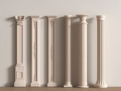 Light Colored Decorative Columns With Various Ornate Designs Arranged In A Row 3d model