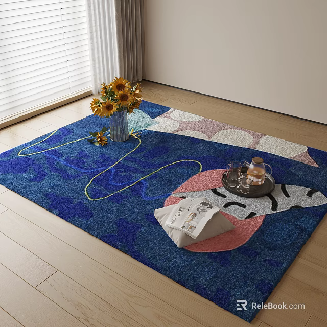 Blue Square Area Rug with Colorful Geometric Patterns Sunflower Vase Tray Magazine on Wooden Floor 3d model 