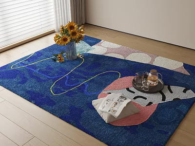 Blue Square Area Rug with Colorful Geometric Patterns Sunflower Vase Tray Magazine on Wooden Floor 3d model