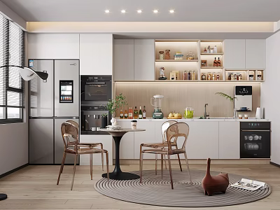 Modern Restaurant Kitchen Interior Design With Open Island Cabinets Appliances And Dining Chairs 3d model