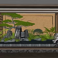 Indoor Garden Ornament with Rockery Waterfall Pine Tree Green Plants and Stone Lantern