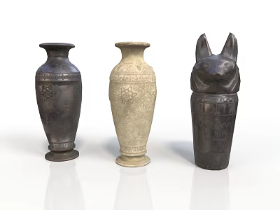 Carved Sculpture Vases With Intricate Patterns Dark Light Colors And Animal Head Design 3d model