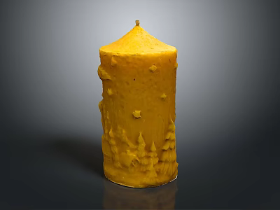Elegant Yellow Decorative Candle Featuring Intricate Carved Tree And Pine Designs 3d model