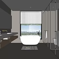 Modern Bathroom Interior Design With Double Vanity Freestanding Bathtub Glass Shower And Black Blinds