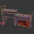 Two Wooden Scaffold Style Household Workbenches With Red Wheelbarrow And Cloth