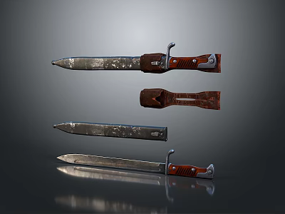 Vintage Weapon Knives With Red Wooden Handles And Worn Metallic Blades 3d model