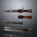 Vintage Weapon Knives With Red Wooden Handles And Worn Metallic Blades