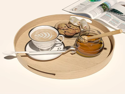 Coffee Cup With Latte Art On Wooden Tray Alongside Cookies Honey Jar And Open Magazine 3d model