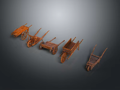 Five Vintage Wooden Wheelbarrows Arranged On Dark Background With Classic Design 3d model