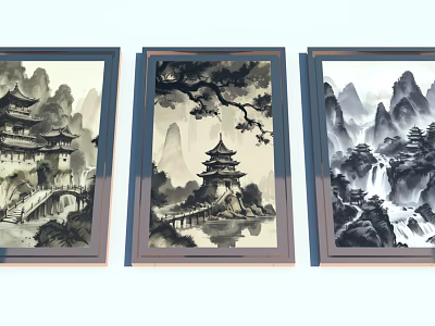 Chinese Ink Landscape Paintings With Ancient Pavilion Mountains Waterfall Trees And Bridge 3d model