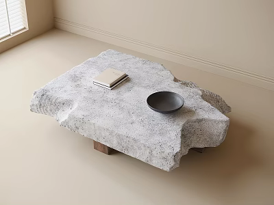 Modern Natural Stone Coffee Table With Textured Surface Wooden Base Book And Black Bowl 3d model