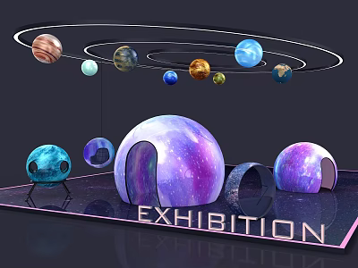 Planets Exhibition Display With Ring Orbits And Purple Blue Planet Models 3d model