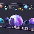 Planets Exhibition Display With Ring Orbits And Purple Blue Planet Models 3d model