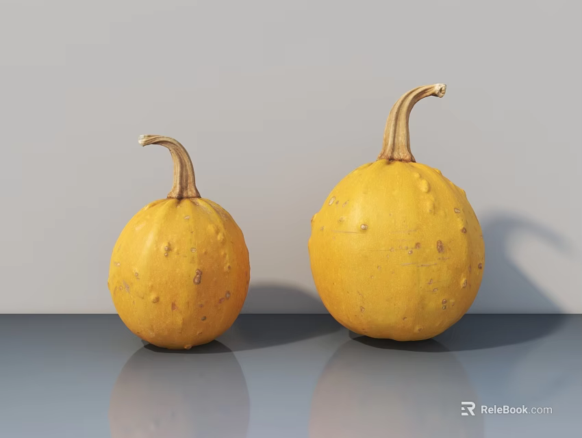 Fresh Yellow Round Pumpkins With Stems On Gray Surface For Vegetable 3d model 