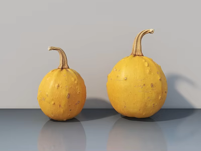 Fresh Yellow Round Pumpkins With Stems On Gray Surface For Vegetable 3d model