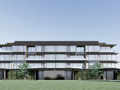 Modern Townhouse Exterior Design with Glass Windows Balconies and Green Lawn 3d model