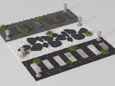 Garden Path Design With Stone Slabs Pebbles Lanterns And Small Plants 3d model