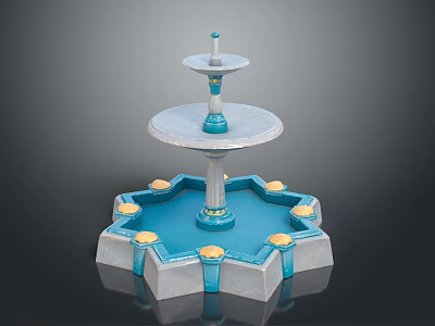 Two Tiered Fountain With Polygonal Base Circular Trays Blue White Columns And Golden Accents 3d model