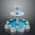 Two Tiered Fountain With Polygonal Base Circular Trays Blue White Columns And Golden Accents