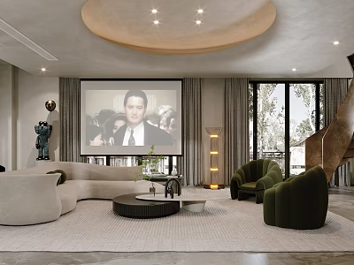 Modern Duplex Living Room With Curved Sofa Green Armchairs And Projector Screen 3d model
