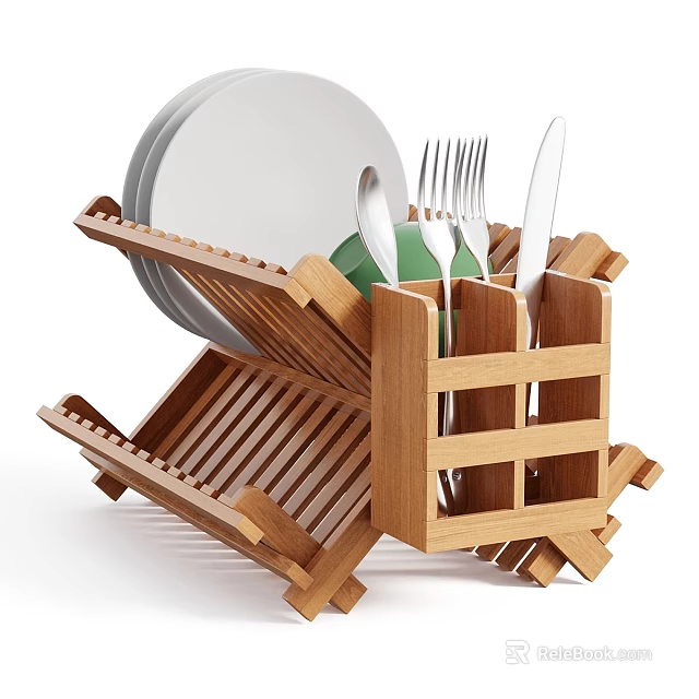 Wooden Dish Drying Rack Holding Dinner Plates Spoons Forks And Knives 3d model 