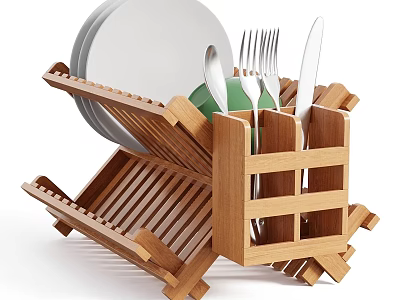 Wooden Dish Drying Rack Holding Dinner Plates Spoons Forks And Knives 3d model