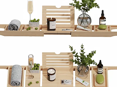 Perfume And Cosmetics Arrangement On Wooden Tray With Greenery Towels Candle And Skincare Items 3d model