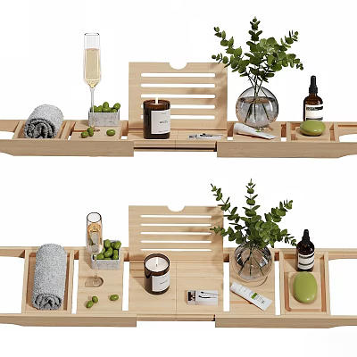Perfume And Cosmetics Arrangement On Wooden Tray With Greenery Towels Candle And Skincare Items 3d model