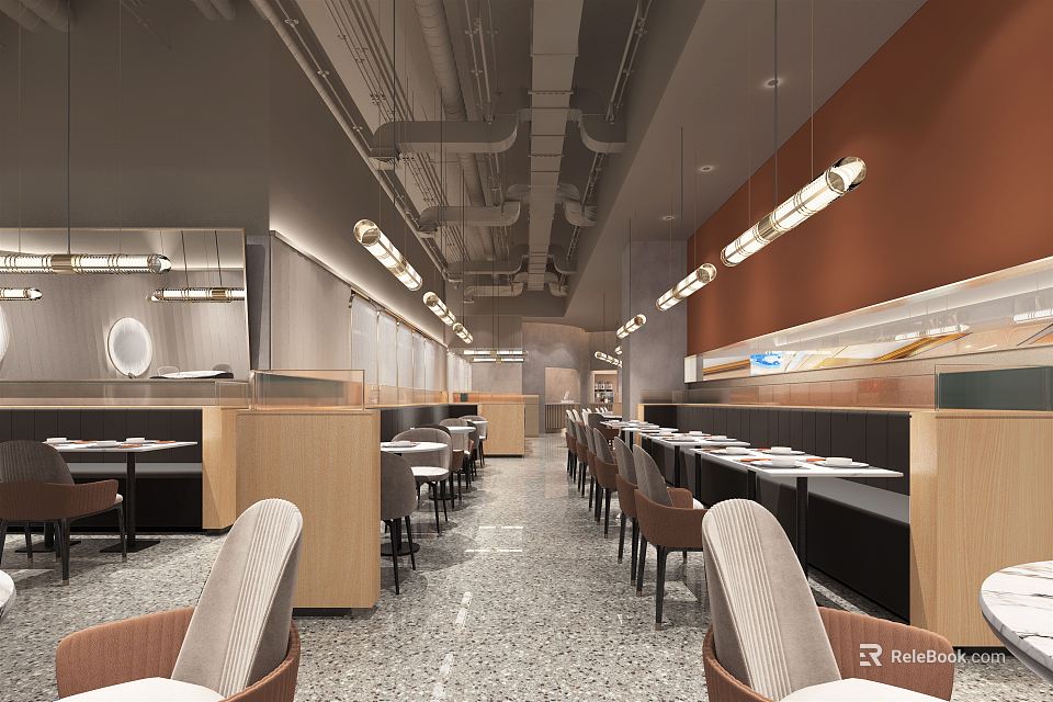 Modern Hot Pot Restaurant Interior Design With Hanging Lights Ceiling Pipes And Wooden Dining Tables 3d model 