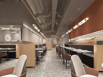 Modern Hot Pot Restaurant Interior Design With Hanging Lights Ceiling Pipes And Wooden Dining Tables 3d model