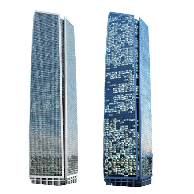 Twin Modern Office Skyscrapers With Glass Facade And Illuminated Window Lights 3d model