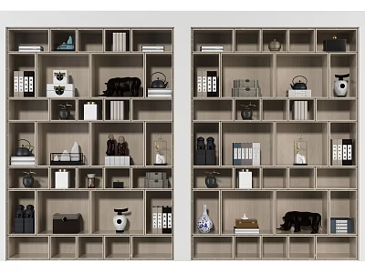 Modern Wooden Bookcase With Layered Shelves Holding Books Decorative Vases And Storage Boxes 3d model